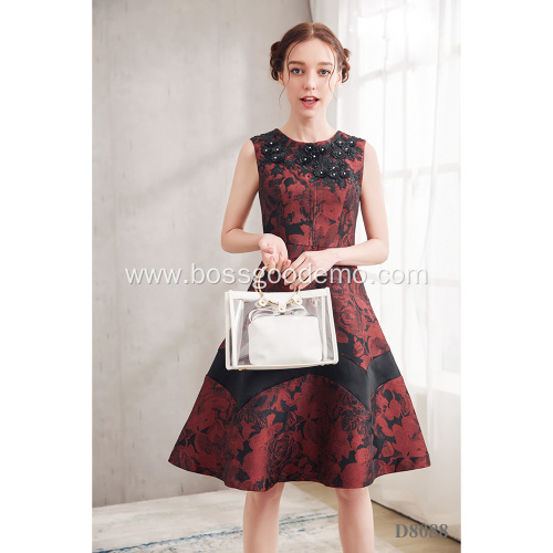 2021 New Latest Design Round Neck Dark Red Printed Party Dress A-line Sleeveless Hand make Beading Flower Printed Evening Gown